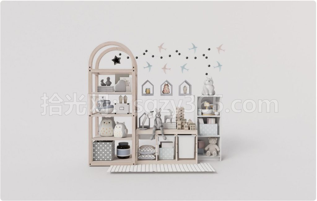 图片[1]-19004.SketchUp 儿童家具套装 多功能书架 置物架 3D 模型